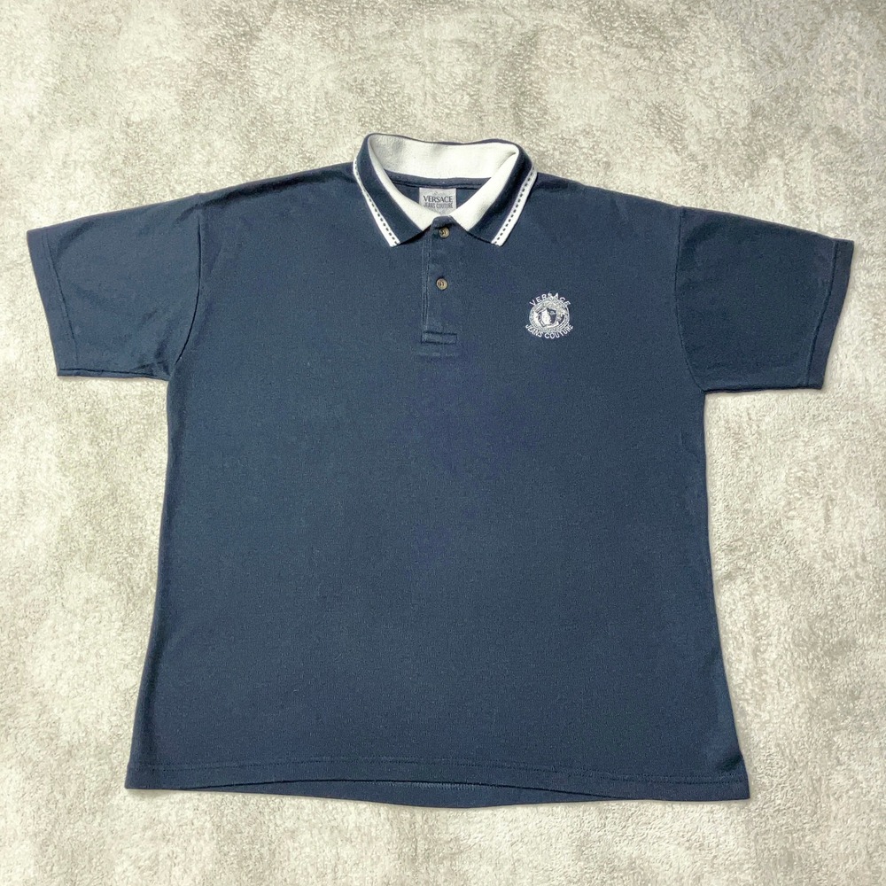 Vintage Versace Jeans Couture Polo Shirt Medusa Logo Navy Blue Designer Mens
